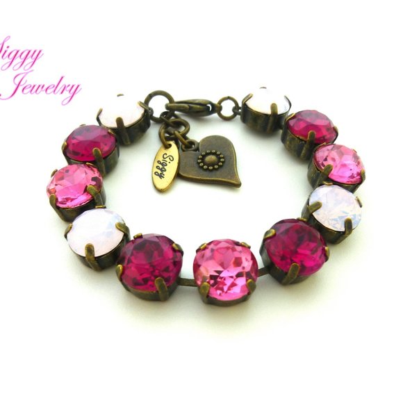 Large Stone Pink Crystal Tennis Bracelet in Antique Brass Finish, 11mm Crystals - Picture 3 of 6